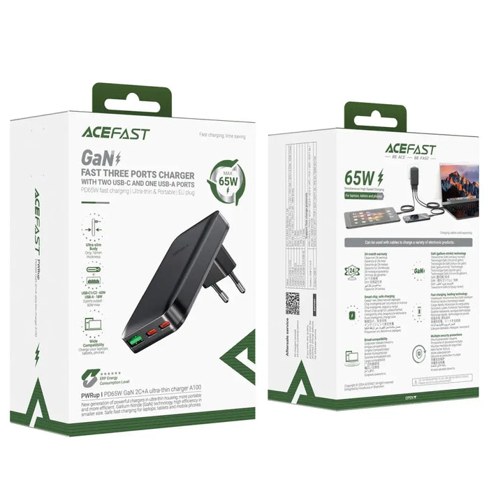 Acefast A100 65W GaN 2 USB-C + USB-A зарядно ултратънко