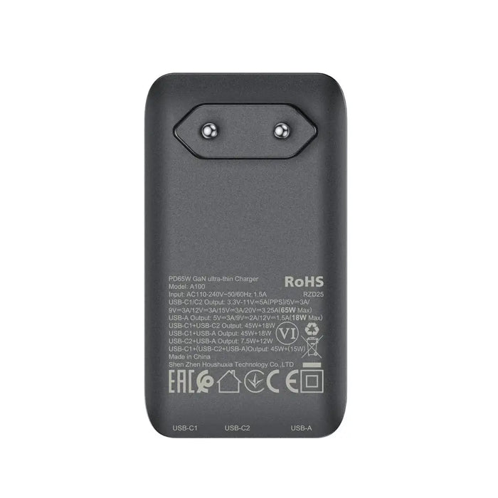 Acefast A100 65W GaN 2 USB-C + USB-A зарядно ултратънко