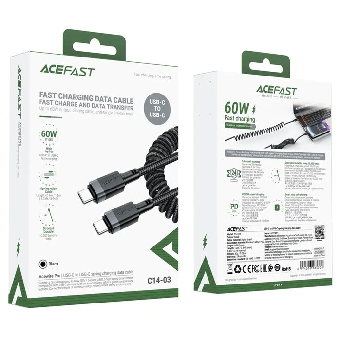 Acefast C14-03 USB-C - USB-C пружинен кабел 480Mb/s 3A 1.2m