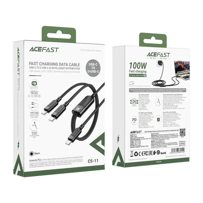 Acefast C5 USB-C - USB-C / USB-C 2in1 100W 480Mb/s кабел