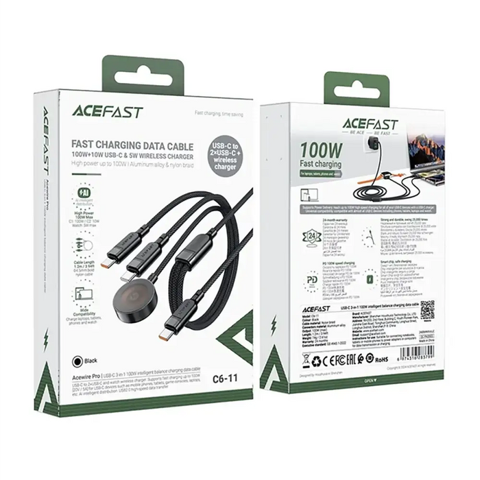 Acefast C6-11 USB-C 3in1 кабел - 2x USB-C / Qi 480Mb/s 100W