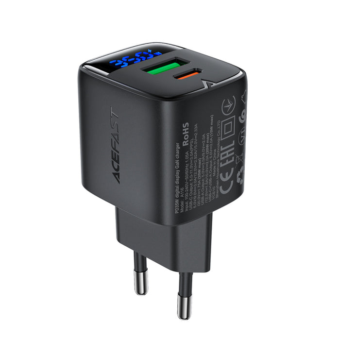 Зарядно за стена Acefast A116 GaN PD 35W USB-A USB-C с дисплей - черно
