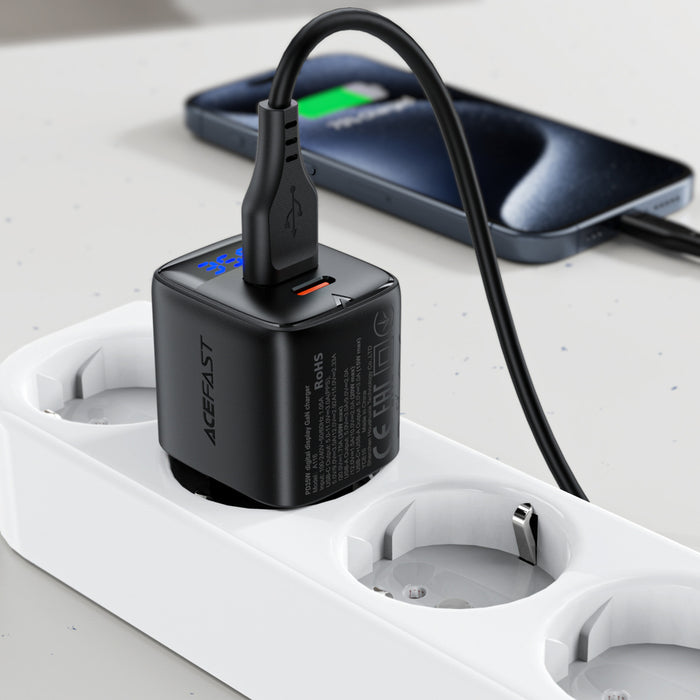 Зарядно за стена Acefast A116 GaN PD 35W USB-A USB-C с дисплей - черно