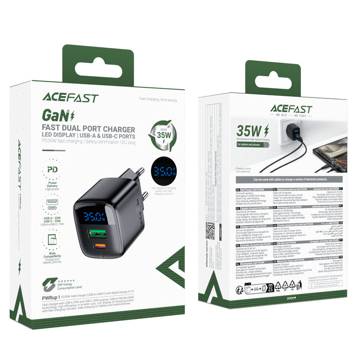 Зарядно за стена Acefast A116 GaN PD 35W USB-A USB-C с дисплей - черно