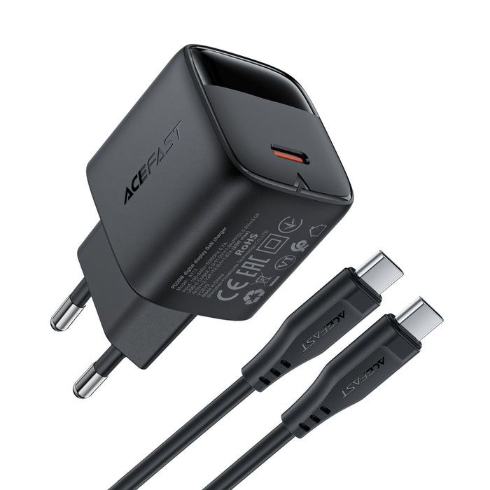 Зарядно за стена Acefast A113 GaN PD 20W USB-C с дисплей и USB-C кабел - черно