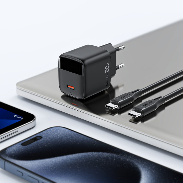 Зарядно за стена Acefast A113 GaN PD 20W USB-C с дисплей и USB-C кабел - черно