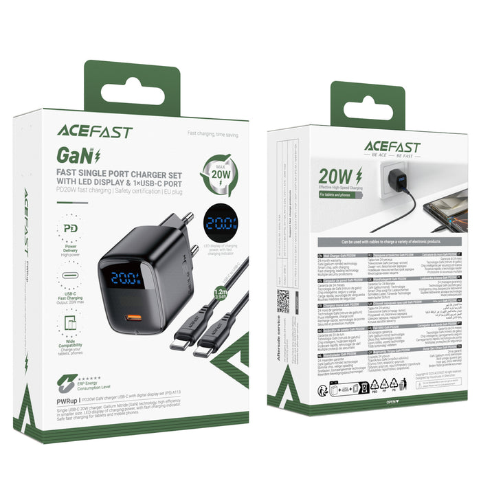 Зарядно за стена Acefast A113 GaN PD 20W USB-C с дисплей и USB-C кабел - черно