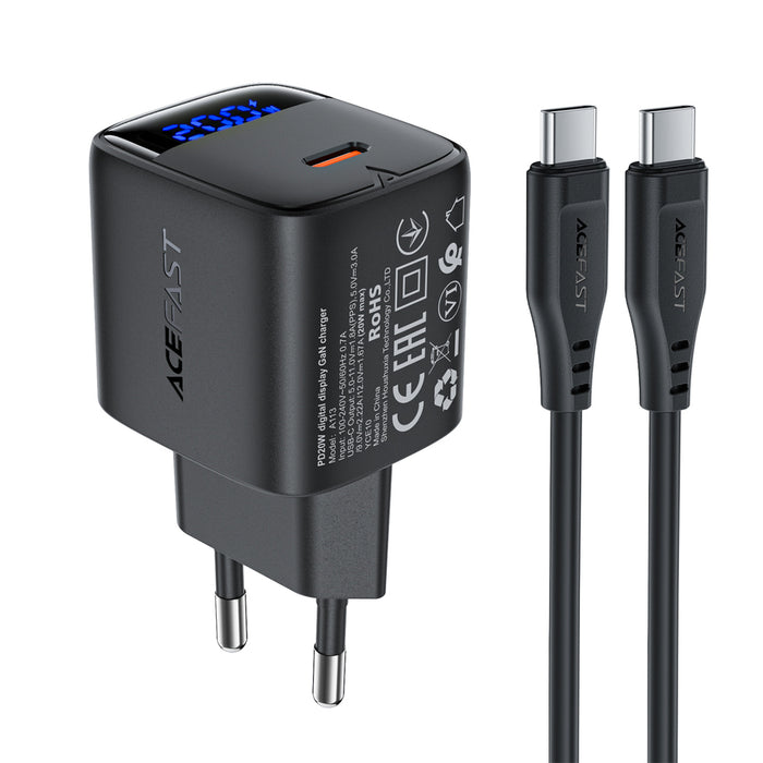 Зарядно за стена Acefast A113 GaN PD 20W USB-C с дисплей и USB-C кабел - черно