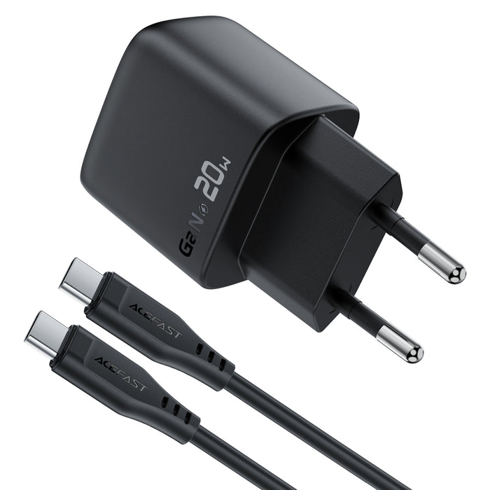 Зарядно за стена Acefast A113 GaN PD 20W USB-C с дисплей и USB-C кабел - черно