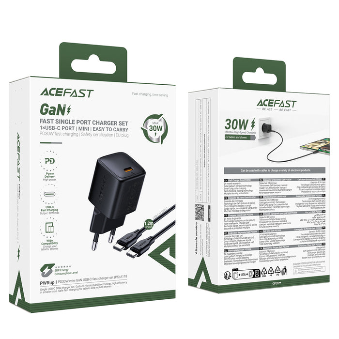 Зарядно за стена Acefast A118 30W GaN USB-C с 1.2 м USB-C към Lightning кабел - черно