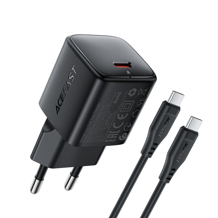 Зарядно за стена Acefast A118 30W GaN USB-C с 1.2 м USB-C към Lightning кабел - черно