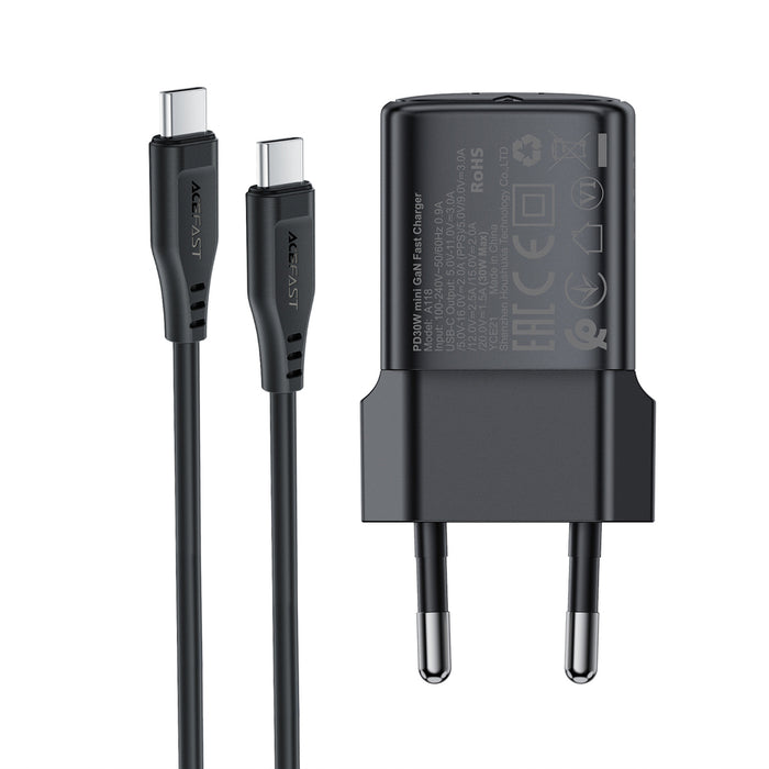 Зарядно за стена Acefast A118 30W GaN USB-C с 1.2 м USB-C към Lightning кабел - черно