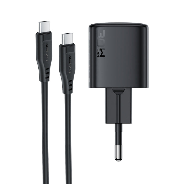 Зарядно за стена Acefast A118 30W GaN USB-C с 1.2 м USB-C към Lightning кабел - черно