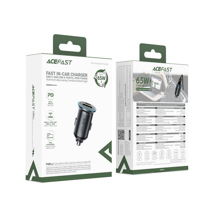 Зарядно за кола Acefast B15 65W USB-A + USB-C - сиво
