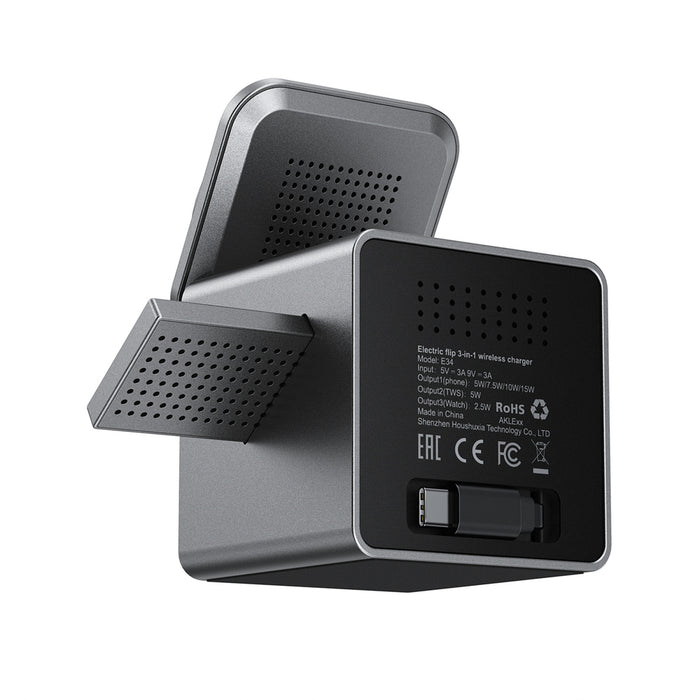 Acefast E34 22.5W 3-в-1 индуктивно зарядно устройство с вграден кабел за смартфон и смарт часовник - сиво