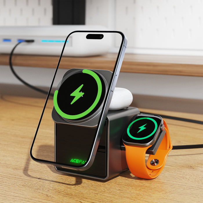 Acefast E34 22.5W 3-в-1 индуктивно зарядно устройство с вграден кабел за смартфон и смарт часовник - сиво