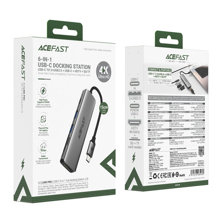 Докинг станция Acefast J18 USB Hub USB-C 6-в-1 HDMI 4K 60Hz PD90W - сив