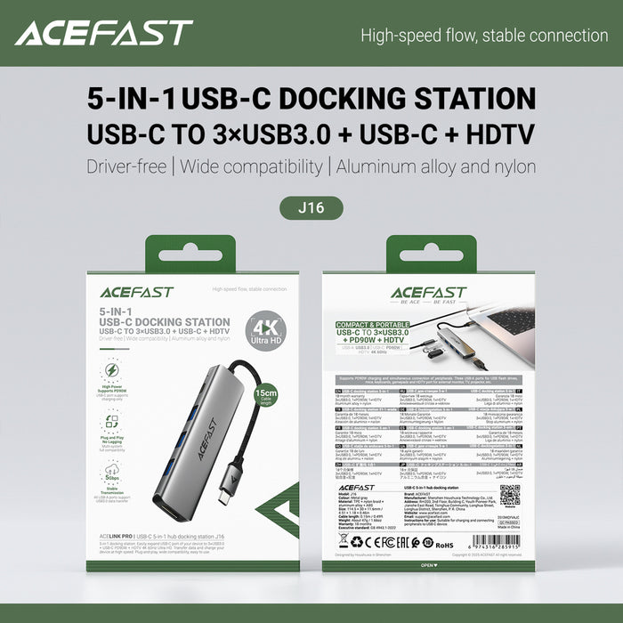 Acefast J16 USB Hub USB-C 5-в-1 HDMI 4K 60Hz PD90W Докинг станция - Сив