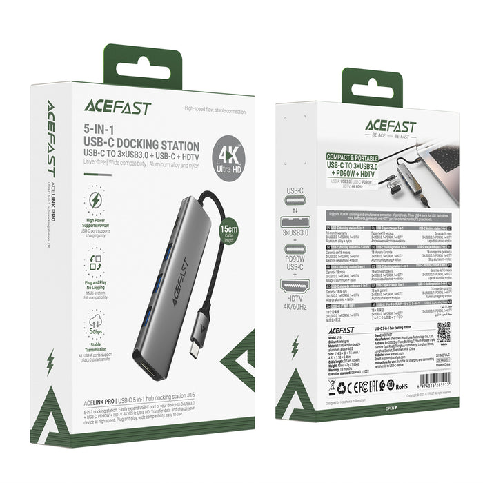 Acefast J16 USB Hub USB-C 5-в-1 HDMI 4K 60Hz PD90W Докинг станция - Сив