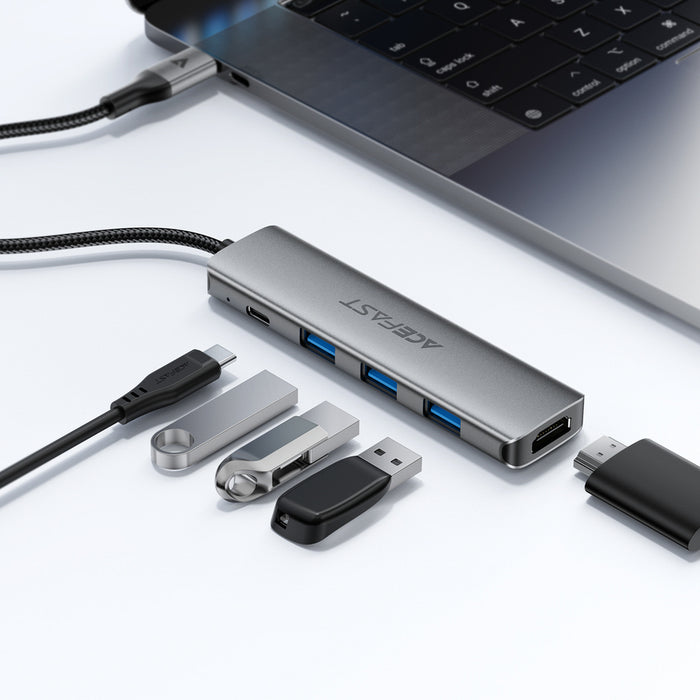 Acefast J16 USB Hub USB-C 5-в-1 HDMI 4K 60Hz PD90W Докинг станция - Сив