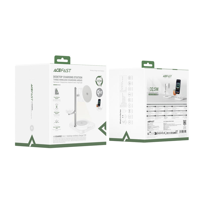 Безжично зарядно за бюро Acefast E39 Qi2.2 25W 4-в-1 за телефон, часовник и слушалки с нощна светлина - бяло