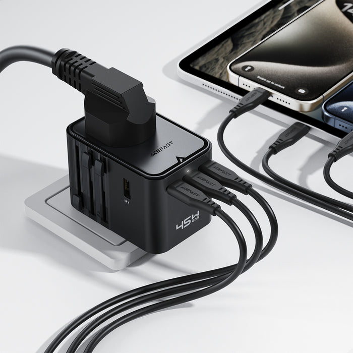 Acefast Z8 GaN 45W пътнически адаптер 3x USB-C + 2x USB-A пътнически заряден с 2500W AC контакт - черен