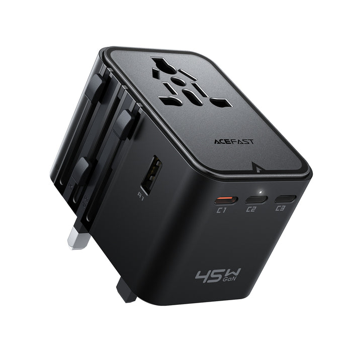 Acefast Z8 GaN 45W пътнически адаптер 3x USB-C + 2x USB-A пътнически заряден с 2500W AC контакт - черен