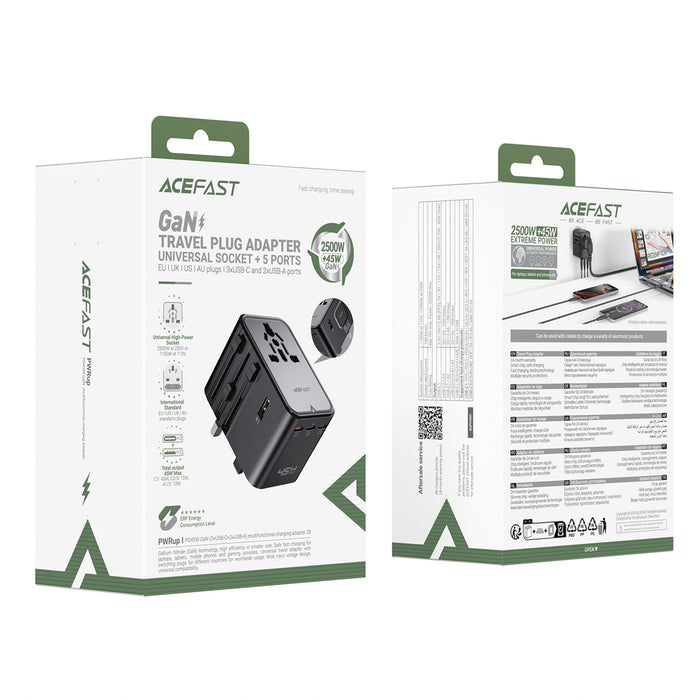 Acefast Z8 GaN 45W пътнически адаптер 3x USB-C + 2x USB-A пътнически заряден с 2500W AC контакт - черен
