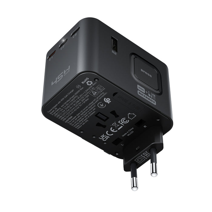 Acefast Z8 GaN 45W пътнически адаптер 3x USB-C + 2x USB-A пътнически заряден с 2500W AC контакт - черен