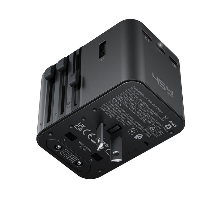 Acefast Z8 GaN 45W пътнически адаптер 3x USB-C + 2x USB-A пътнически заряден с 2500W AC контакт - черен
