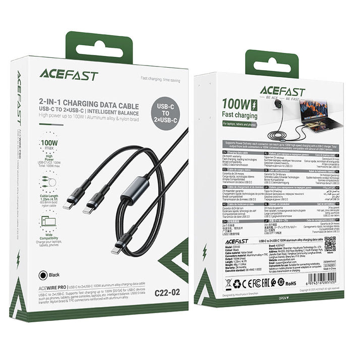 Acefast Кабел USB-C към 2х USB-C, 1,25м