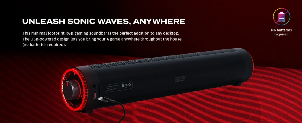Acer Nitro Gaming Soundbar, 2 x 5 W, BT, Dynamic 2.0 Stereo Sound USB-C (USB-C към USB-A кабел е включен) / Bluetooth / Aux In (3,5 mm) / Изход за слушалки
