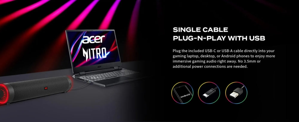 Acer Nitro Gaming Soundbar, 2 x 5 W, BT, Dynamic 2.0 Stereo Sound USB-C (USB-C към USB-A кабел е включен) / Bluetooth / Aux In (3,5 mm) / Изход за слушалки