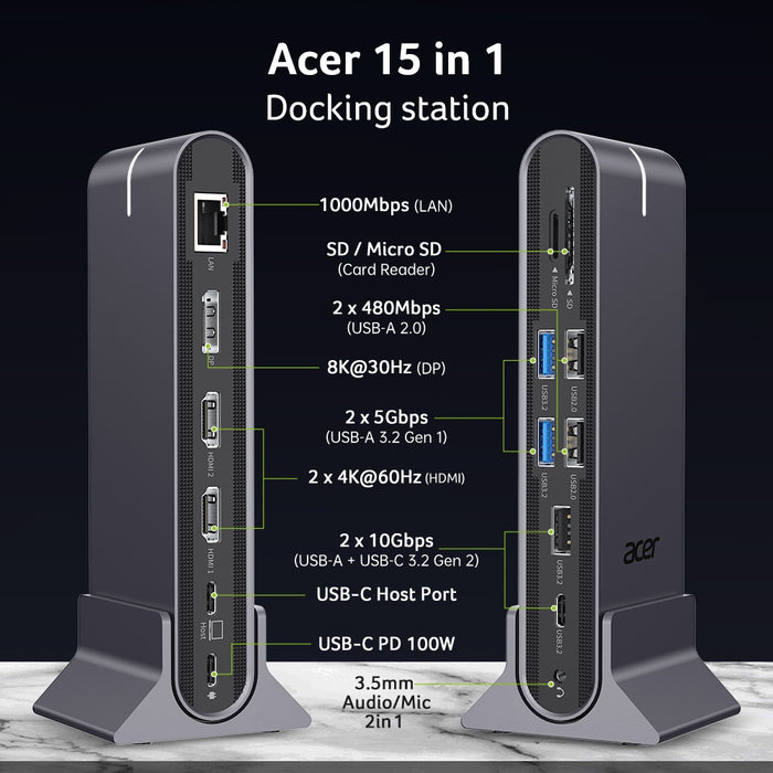 Универсална докинг станция Acer Type C 15в1, 2 x HDMI 4K@60Hz, 1 x DP 8k@30Hz, 5 x USB A, 1 x USB C, 1 x RJ45, 1x SD /Micro SD, 1 x TF, 1 x Аудио 3.5 мм жак, Windows, ChromeOS, macOS, Сив