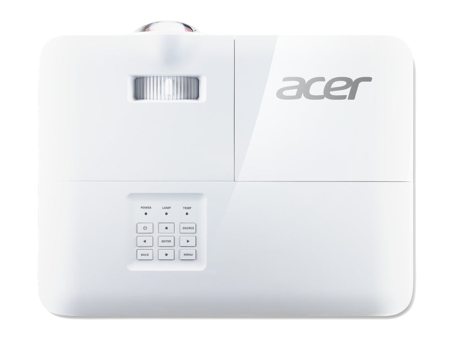 Проектор Acer S1386WH, DLP, късофокусен, WXGA (1280x800), 3600 ANSI лумена, 20000:1, 3D, HDMI, VGA, RCA, аудио вход, аудио изход, VGA изход, DC изход (5V/1A, USB-A), високоговорител 16W, Bluelight Shield, 3,1 kg, бял