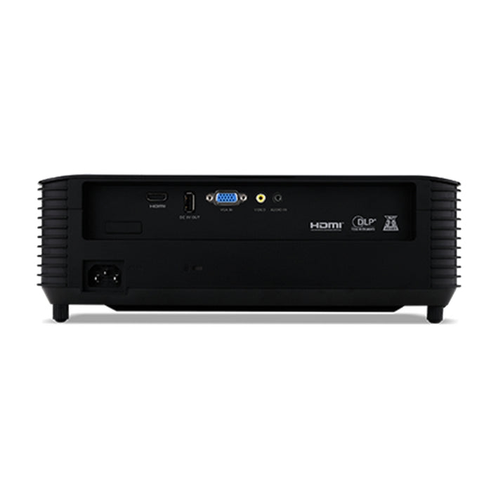 Проектор Acer X1128H, DLP, SVGA (800x600), 4800Lm, 20 000:1, 3D ready, 40-градусово автоматично трапецовидно изкривяване, захранване от променлив ток, HDMI, VGA, RCA, USB (тип A, 5V/1.5A), аудио вход, 1x3W, 2.7 кг, черен