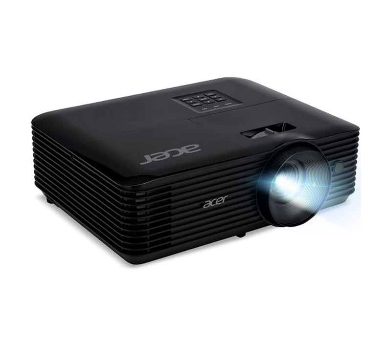 Проектор Acer X1128H, DLP, SVGA (800x600), 4800Lm, 20 000:1, 3D ready, 40-градусово автоматично трапецовидно изкривяване, захранване от променлив ток, HDMI, VGA, RCA, USB (тип A, 5V/1.5A), аудио вход, 1x3W, 2.7 кг, черен