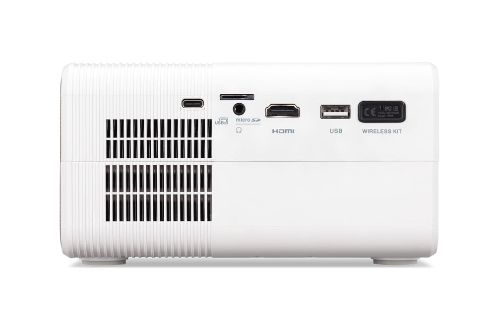 AOPEN QF12 (задвижван от Acer), LCD, 1080p (1920x1080), 5000 LED Lm, 1 000:1, HDMI, USB (тип A, тип C), MicroSD, аудио изход, WiFi+Dongle, държачи, DC изход (5V/0.5A), 1x5W, 1.3Kg