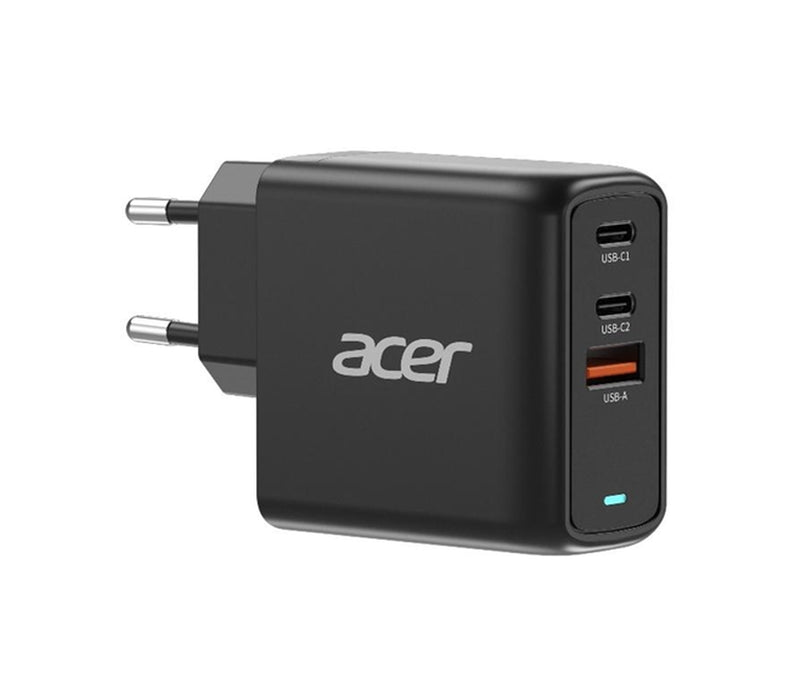 Захранващ адаптер Acer 67W PD GaN зарядно, 2 x USB C и 1 x USB A, EU щепсел, 100W USB-C кабел, черен (опаковка за продажба на дребно)