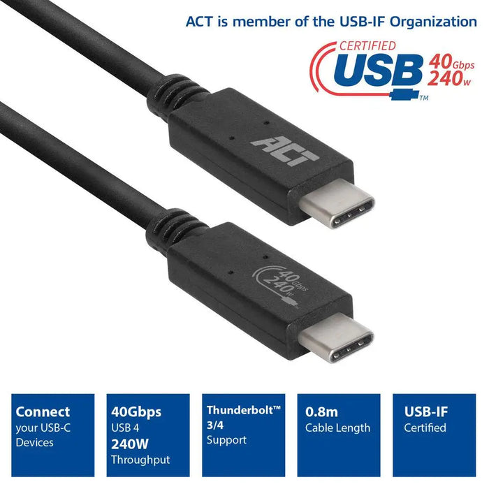 ACT Кабел USB-C - USB-C 0.8 м / USB4 40Gbps 240W