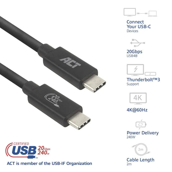 ACT Кабел USB-C - USB-C 2 м / USB4 20Gbps 240W сертифициран