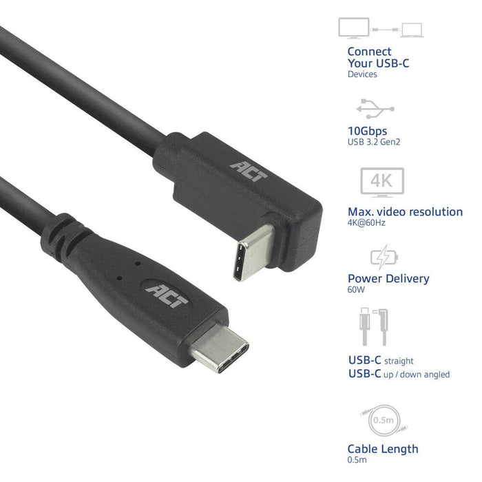 ACT Кабел USB-C - USB-C, 10Gbps, 60W, 0.5 м, конектори - 1x прав и 1x на 90&deg; up/down angled