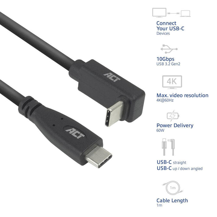 ACT Кабел USB-C - USB-C, 10Gbps, 60W, 1 м, конектори - 1 x прав и 1 x на 90&deg; up/down angled