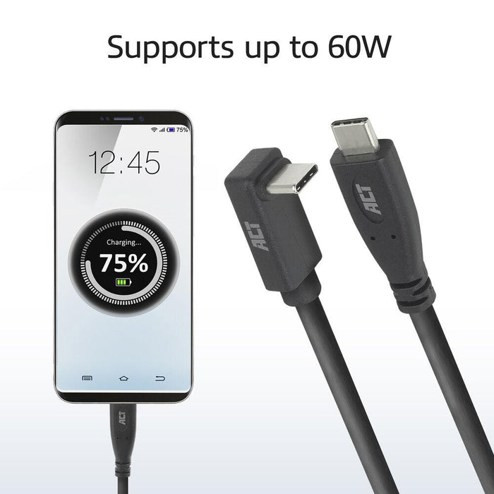 ACT Кабел USB-C - USB-C, 10Gbps, 60W, 1 м, конектори - 1 x прав и 1 x на 90&deg; up/down angled
