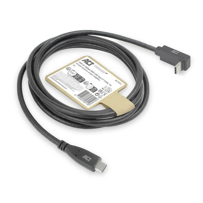 ACT Кабел USB-C - USB-C, 10Gbps, 60W, 1 м, конектори - 1 x прав и 1 x на 90&deg; up/down angled