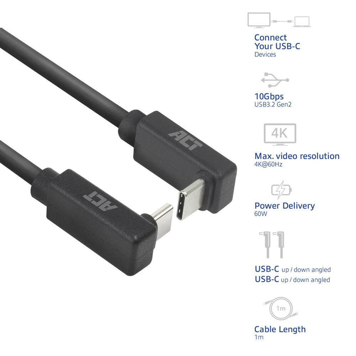 ACT Кабел USB-C 10Gbps, 60W, 1м, конектори на 90&deg; up/down angled