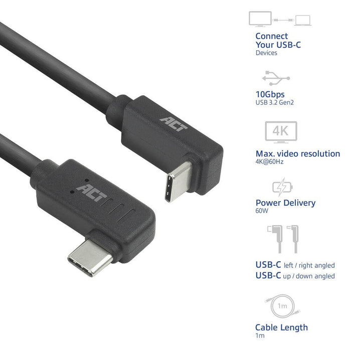 ACT Кабел USB-C - USB-C, 10Gbps, 60W, 1 m, конектори 90&deg; left/right, up/down angled