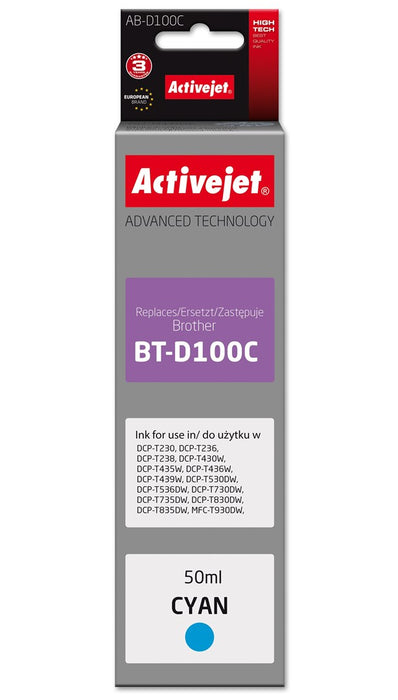 Мастилена касета Activejet AB-D100C за принтери Brother, резервна част за Brother BT-D100C; Supreme; 50 мл; циан