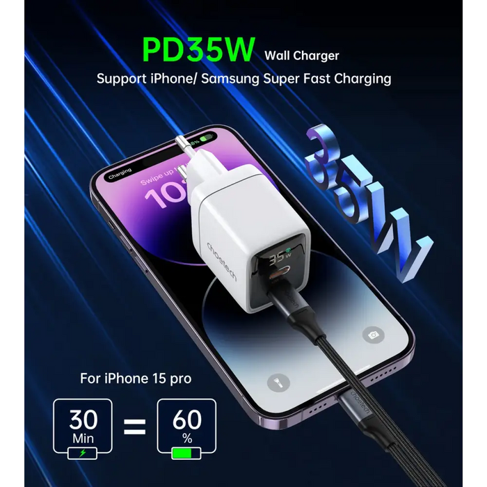 Адаптер Choetech PD6051 2x USB - C PD 35W GaN с дисплей бял