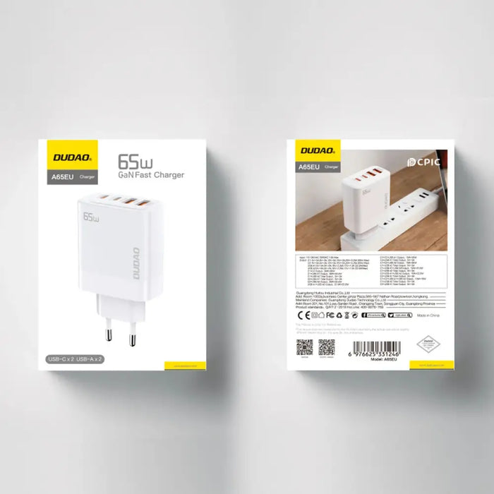 Адаптер Dudao A65EU GaN 2x USB-A / 2x USB-C PD 65W бял